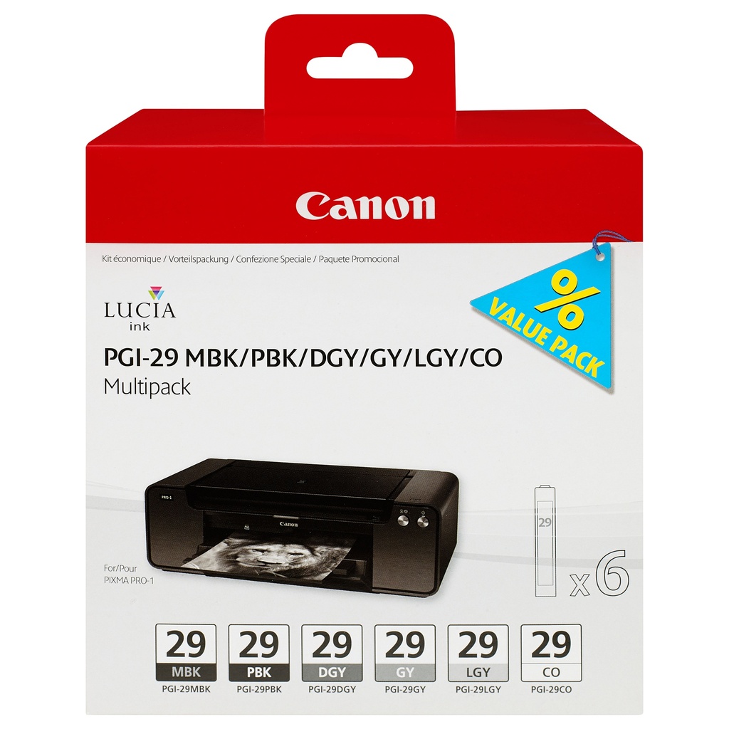 [2536937] CANON PGI 29 MBK/PBK/DGY/GY/LGY/CO Multipack 6er Pack Grau, Hellgrau, Dunkelgra