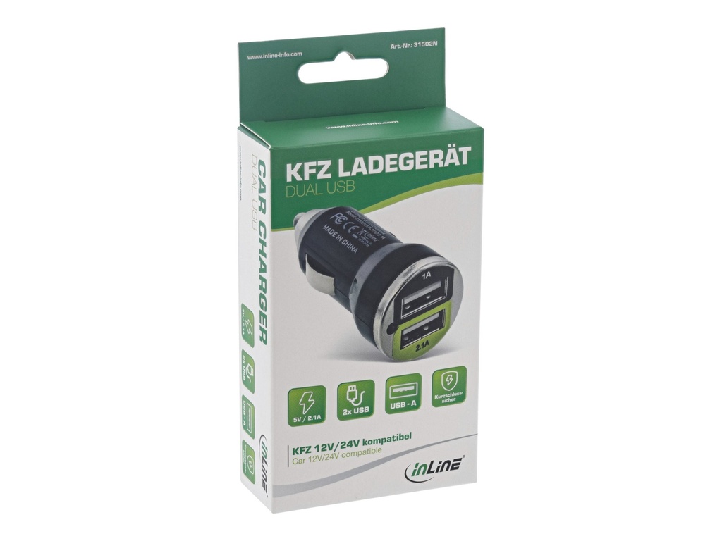 InLine® USB KFZ Ladegerät Stromadapter, 12/24VDC zu 5V DC/2.1A, Mini