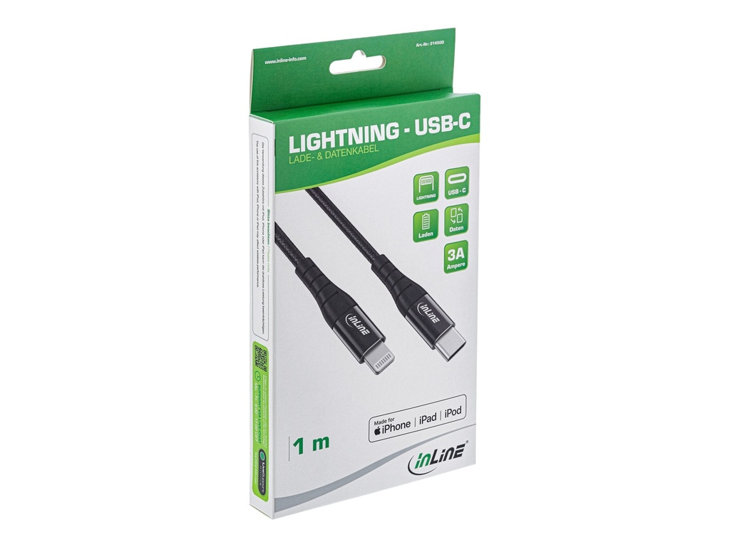 [8452167] InLine® USB-C Lightning Kabel, für iPad, iPhone, iPod, schwarz/Alu, 2m MFi-zertifiziert