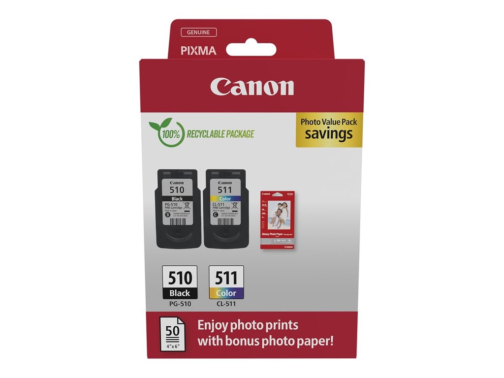 Canon PG-510/CL-511 Photo Paper Value Pack - 2er-Pack - Schwarz, Farbe (Cyan, Magenta, Gelb) - original
