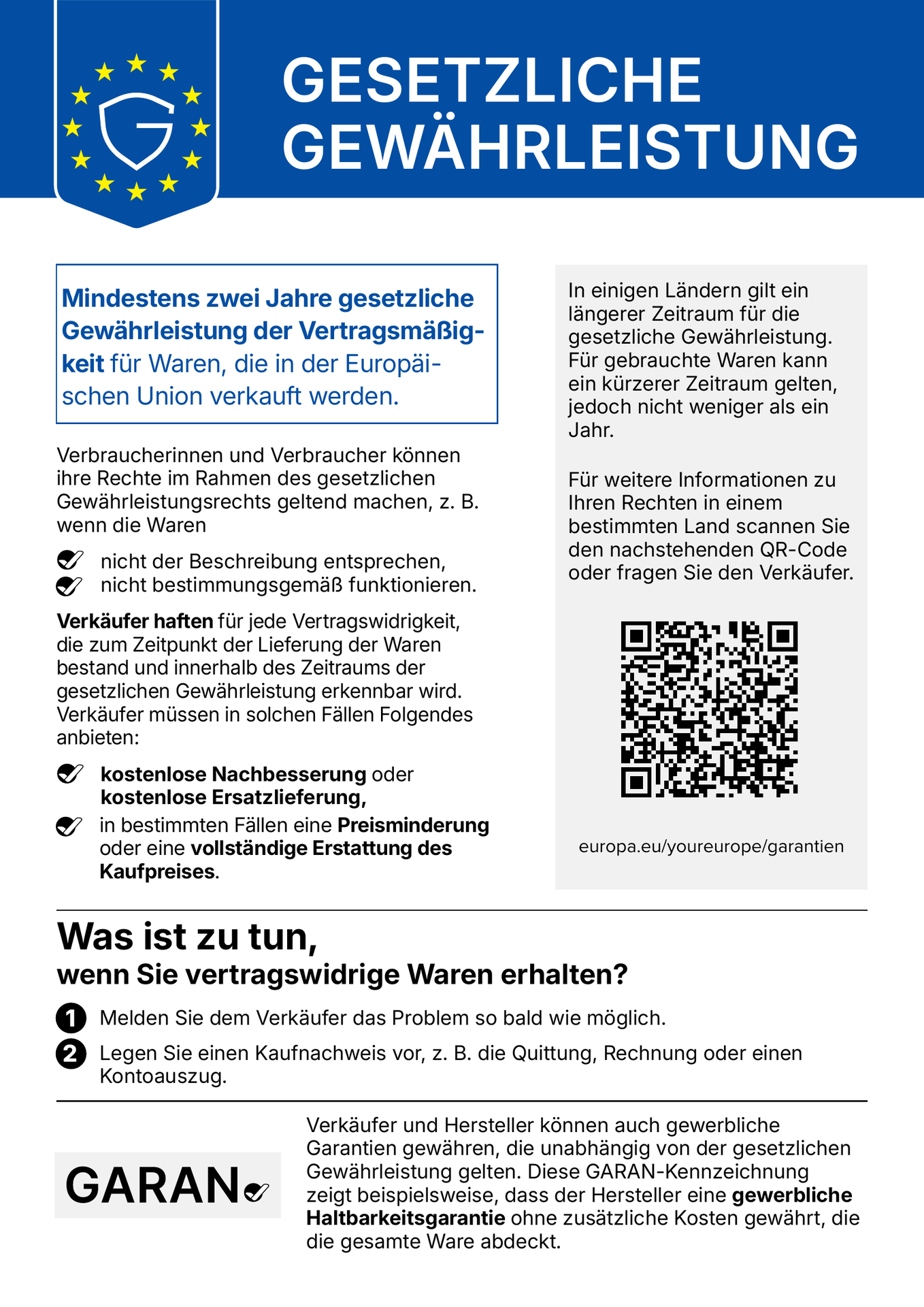 Gesetzliche Gewährleistung – mindestens zwei Jahre für Waren, die in der Europäischen Union verkauft werden